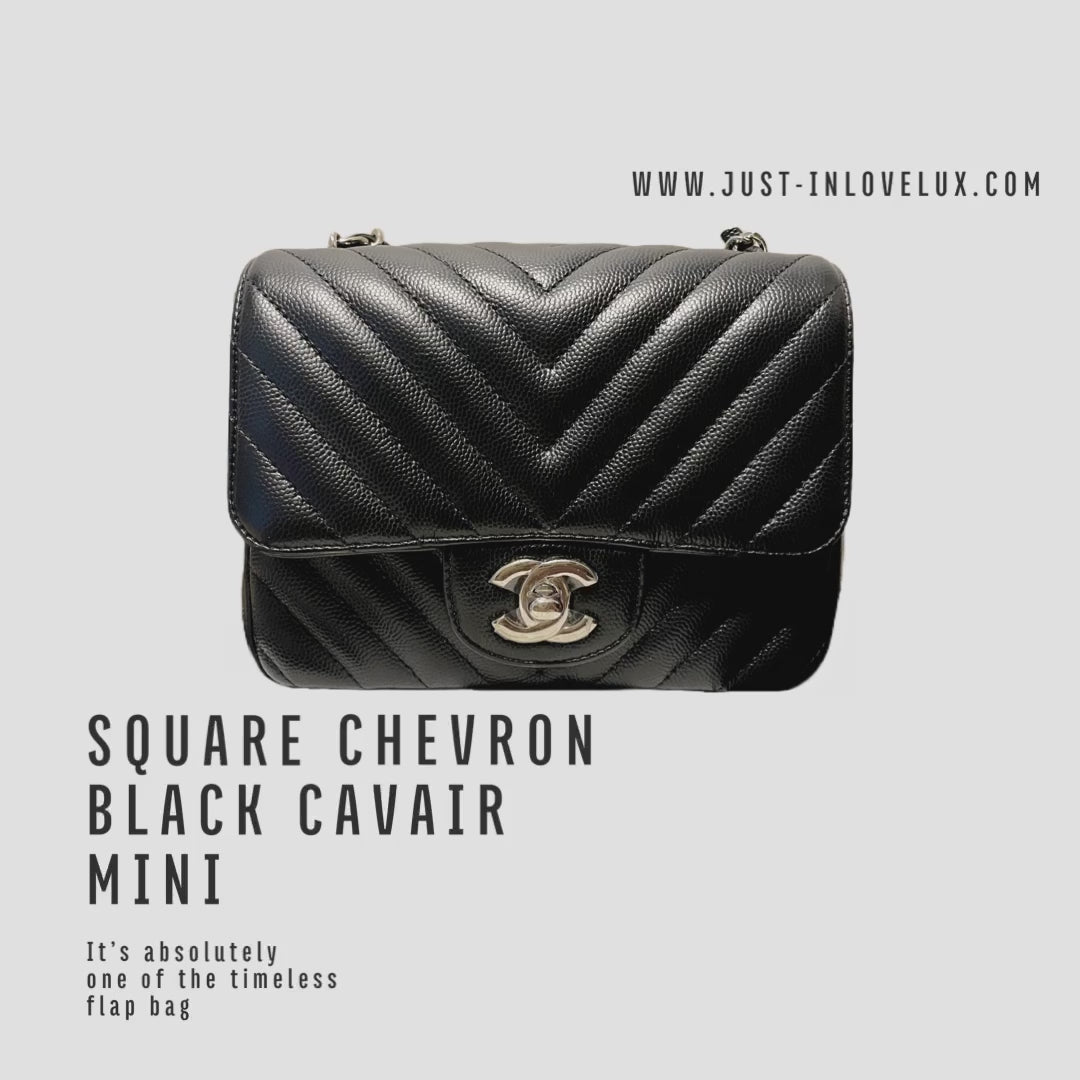 Black Chevron Quilted Caviar Square Mini Classic Single Flap Silver  Hardware, 2017-2018